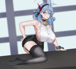 Rule 34 | 1girl, absurdres, ako (blue archive), bare arms, bare shoulders, bell, black skirt, black thighhighs, blue archive, blue eyes, blue hair, blush, breasts, commentary, english commentary, full body, garter straps, gcg, hair between eyes, hair ornament, hairband, halo, highres, large breasts, long hair, looking at viewer, neck bell, parted lips, sideboob, skirt, solo, thighhighs, thighs