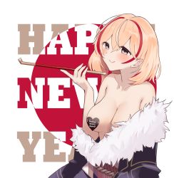 Rule 34 | 1girl, absurdres, azur lane, blonde hair, blush, breasts, cleavage, closed mouth, collarbone, commentary request, crossed bangs, english text, fur-trimmed kimono, fur trim, german text, hair between eyes, happy new year, head tilt, heart pasties, highres, japanese clothes, kimono, kiseru, large breasts, looking at viewer, multicolored hair, new year, obi, obijime, off shoulder, pasties, red hair, roon (azur lane), sash, short hair, smile, smoking pipe, solo, streaked hair, yomare