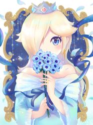Rule 34 | 1girl, absurdres, bare shoulders, blonde hair, blue eyes, blue flower, covering own mouth, crown, dress, earrings, fingernails, flower, hair over one eye, highres, holding, holding flower, jewelry, looking at viewer, mario (series), nail polish, nintendo, norimaki (nrmk norinori), off-shoulder dress, off shoulder, purple nails, rosalina, solo, star (symbol), star earrings, strapless, strapless dress, super mario galaxy, wide sleeves