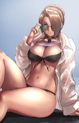 Rule 34 | 1girl, adjusting eyewear, artist name, bikini, black bikini, braid, breasts, brown hair, choker, closed mouth, curvy, finalcake, french braid, from behind, girls&#039; frontline, glasses, gradient background, green eyes, hair over one eye, hand on eyewear, hand up, highres, large breasts, lee-enfield (girls&#039; frontline), lips, long hair, looking at viewer, open clothes, open shirt, shirt, simple background, smile, solo, swimsuit, wet, white shirt