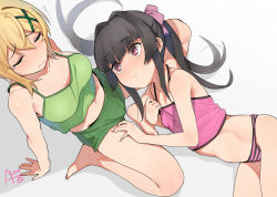 Rule 34 | akatsuki kirika, arm support, bare arms, bare shoulders, black hair, blonde hair, blush, brown eyes, camisole, closed mouth, collarbone, green camisole, hair between eyes, hair intakes, hair ribbon, leaning back, long hair, looking at another, panties, pink ribbon, purple camisole, ribbon, rkrk, senki zesshou symphogear, short shorts, shorts, signature, striped clothes, striped panties, sweat, tsukuyomi shirabe, twintails, underwear, underwear only, white background