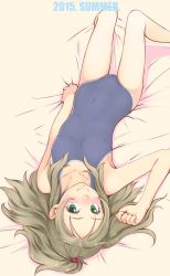 Rule 34 | 10s, 1girl, 2015, bed sheet, blue one-piece swimsuit, blush, brown hair, collarbone, competition school swimsuit, competition swimsuit, covered navel, from above, green eyes, hair bobbles, hair ornament, highres, long hair, looking at viewer, looking up, lying, minamino kanade, on back, one-piece swimsuit, ponytail, precure, sakura kotetsu, school swimsuit, sheet grab, smile, solo, suite precure, swimsuit, upside-down