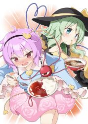 2girls black_hairband black_hat blouse blue_eyes blue_shirt blush bow buttons chopsticks curry diamond_button eating eyeball food frilled_shirt_collar frilled_sleeves frills green_hair hair_ornament hairband hat hat_bow hat_ribbon heart heart_button heart_hair_ornament heart_of_string highres holding holding_chopsticks holding_spoon komeiji_koishi komeiji_satori multiple_girls noodles pink_eyes pink_hair pink_skirt ramen ribbon ribbon-trimmed_collar ribbon_trim shirt siblings sisters skirt spoon subterranean_animism suwa_yasai sweatdrop third_eye touhou wide_sleeves yellow_bow yellow_ribbon yellow_shirt