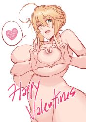 Rule 34 | 1girl, absurdres, ahoge, artoria pendragon (fate), artoria pendragon (lancer) (fate), blonde hair, blush, breasts, commentary, english commentary, fate/grand order, fate (series), happy valentine, heart, heart hands, highres, large breasts, long hair, looking at viewer, nekosama shugyouchuu, nipple slip, nipples, nude, open mouth, signature, simple background, smile, solo, white background