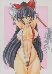 Rule 34 | &gt;:), 1girl, armpits, arms behind head, arms up, black hair, border, bow, breasts, breasts apart, collarbone, covered erect nipples, curvy, detached sleeves, female focus, female pubic hair, gohei, hair bow, hair tubes, hakurei reimu, head tilt, hip focus, large breasts, long hair, looking at viewer, marker (medium), midriff, navel, oonusa, pink background, ponytail, pubic hair, red eyes, shiny skin, simple background, slingshot swimsuit, smile, solo, swimsuit, thigh gap, touhou, traditional media, uneven eyes, v-shaped eyebrows, very long hair, wedgie, white border, wide hips, yutakasan-love