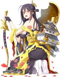 Rule 34 | 1girl, bare shoulders, black hair, bow (weapon), breasts, castle, crown, emerane, fingerless gloves, from side, full body, gloves, hair between eyes, holding, holding bow (weapon), holding weapon, japanese clothes, kimono, large breasts, long hair, mole, mole under eye, official art, oshiro project:re, oshiro project:re, petals, red eyes, seiza, sitting, solo, tamonyama (oshiro project), torn clothes, torn kimono, transparent background, very long hair, weapon, yuujo