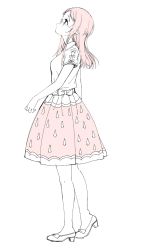 Rule 34 | 1girl, bare legs, dress, full body, glasses, highres, long hair, looking up, monochrome, ribbon, sakiyo cake, simple background, skirt, solo, white background