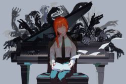 Rule 34 | 1girl, angel wings, black necktie, black pants, book, braid, braided ponytail, breasts, chainsaw man, collared shirt, fox shadow puppet, grey background, halo, highres, instrument, long hair, long sleeves, looking at viewer, makima (chainsaw man), medium breasts, necktie, pages, pants, piano, pinlin, red hair, ringed eyes, shirt, simple background, sitting, smile, solo, white shirt, wings, yellow eyes