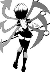 Rule 34 | 1girl, asymmetrical wings, back cutout, black thighhighs, clothing cutout, from behind, full body, holding, holding polearm, holding weapon, houjuu nue, kikoka (mizuumi), monochrome, polearm, short hair, simple background, snake armband, solo, thighhighs, touhou, weapon, white background, wings