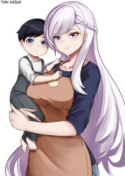 Rule 34 | 1girl, 1other, absurdres, androgynous, apron, artist name, azur lane, belfast (azur lane), blue hair, blue shirt, braid, child, collarbone, commentary, commission, english commentary, french braid, grey overalls, highres, holding baby, long hair, long sleeves, manjuu (azur lane), orange apron, overalls, shirt, simple background, smile, swept bangs, tian kazuki, upper body, white background, white hair, white shirt