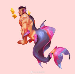 Rule 34 | 1boy, absurdres, ass, bara, beard, black hair, blush, bodypaint, completely nude, facial hair, fins, fish, from side, full body, head fins, highres, large pectorals, looking at viewer, male focus, mature male, merman, monster boy, multicolored hair, muscular, muscular male, mustache, nude, original, pectorals, pink background, purple hair, seductive smile, short hair, smile, solo, streaked hair, undercut, xiaolumiaoliya