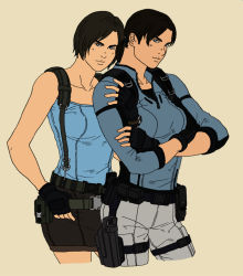 Rule 34 | 2girls, bad id, bad pixiv id, beige background, belt, blue eyes, breasts, brown hair, buckle, collarbone, cowboy shot, cropped legs, crossed arms, dual persona, fingerless gloves, gloves, hand on own hip, holster, jill valentine, light smile, long sleeves, looking at viewer, multiple girls, pants, resident evil, resident evil 3, resident evil 3: nemesis, resident evil 5, shirt, short hair, simple background, sleeveless, sleeveless shirt, tank top, thigh holster, thigh strap, upper body