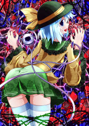Rule 34 | 1girl, absurdres, ass, blue eyes, blue hair, broken, eyeball, female focus, flower, glass, hat, highres, komeiji koishi, matching hair/eyes, mura saki, open mouth, short hair, smile, solo, stained glass, striped clothes, striped thighhighs, tears, thighhighs, third eye, touhou