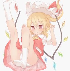 Rule 34 | 1girl, arms up, ascot, blonde hair, blush, bow, brown eyes, flandre scarlet, full body, hair between eyes, hat, hat bow, mob cap, no shoes, one side up, panties, puffy short sleeves, puffy sleeves, red bow, red skirt, sakurea, short sleeves, simple background, skirt, skirt set, socks, solo, touhou, underwear, white background, white hat, white panties, white socks