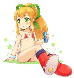 Rule 34 | 1girl, :o, bikini, blonde hair, blush, boots, breasts, can, chestnut mouth, cleavage, collarbone, drinking straw, energy tank, flat chest, flower, full body, green eyes, green ribbon, hair ribbon, hand rest, holding, holding can, knee boots, long hair, looking to the side, mega man (classic), mega man (series), micro bikini, mizuno mumomo, on floor, open mouth, ponytail, red bikini, red footwear, ribbon, roll (mega man), scrunchie, side-tie bikini bottom, sidelocks, sitting, soles, solo, sweat, swimsuit, thighs, white background, wrist scrunchie