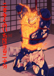 Rule 34 | 1boy, bara, blood, boku no hero academia, endeavor (boku no hero academia), fire, male focus, muscular, penis, red hair, restrained, rope, solo focus, endeavor (boku no hero academia), torn clothes, wet