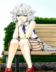 Rule 34 | 1girl, bare legs, bench, bracelet, brown eyes, casual, commentary request, hair flaps, hand on own chin, inubashiri momiji, jewelry, knees together feet apart, looking at viewer, necktie, park, park bench, pleated skirt, red footwear, shirt, shoes, short hair, shows, sitting, skirt, sleeveless, sleeveless shirt, solo, tail, touhou, undershirt, white hair, white shirt, wristband, yellow eyes, yokochou