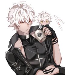 Rule 34 | 1boy, a-37, arm tattoo, black gloves, black jacket, black shirt, chibi, chibi inset, closed mouth, commentary request, cross, cross necklace, cup, expressionless, fingerless gloves, gloves, hair between eyes, highres, holding, holding cup, jacket, jewelry, kazami ll, long bangs, looking at viewer, mahjong, mahjong soul, male focus, mug, necklace, open clothes, open jacket, shirt, short hair, short sleeves, simple background, sleeveless, sleeveless shirt, solo, tan, tattoo, tenbou, upper body, white background, white hair, yellow eyes
