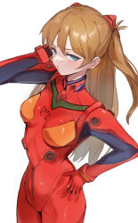Rule 34 | 1girl, absurdres, amepa (ame pinecandy), blue eyes, blush, bodysuit, breasts, brown hair, commentary request, gloves, hair ornament, hand on own hip, highres, interface headset, long hair, looking at viewer, medium breasts, neon genesis evangelion, pilot suit, plugsuit, red bodysuit, red gloves, revision, simple background, souryuu asuka langley, tsundere, white background, wide hips