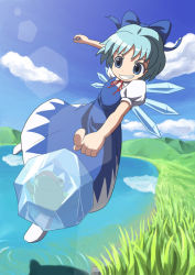 Rule 34 | 1girl, blouse, blue dress, blue hair, bow, cirno, day, dress, female focus, flying, frog, frozen, frozen frog, full body, gahiro, grass, grin, hair bow, hill, ice, ice wings, lake, light rays, mountainous horizon, outdoors, puffy short sleeves, puffy sleeves, red ribbon, ribbon, ripples, shirt, short sleeves, smile, solo, sunbeam, sunlight, sunviola, touhou, white shirt, wings