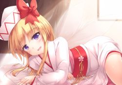 Rule 34 | 1girl, :d, alternate costume, backlighting, blonde hair, blue eyes, blurry, blurry background, blush, bow, commentary request, curtains, depth of field, fairy wings, hat, hat bow, highres, indoors, japanese clothes, kimono, lily white, long hair, long sleeves, looking at viewer, lying, lzh, obi, on bed, on side, open mouth, red bow, ribbon, sash, sidelocks, smile, solo, touhou, transparent wings, white hat, white kimono, wings, yellow ribbon
