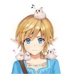 Rule 34 | 1boy, :s, animal, animal on head, animal on shoulder, bird, bird on head, bird on shoulder, blonde hair, blue shirt, chick on head, closed mouth, heart, jokanhiyou, link, long hair, looking at viewer, male focus, musical note, nintendo, on head, pointy ears, shirt, simple background, solo, the legend of zelda, upper body, v-shaped eyebrows, white background