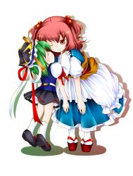 Rule 34 | 2girls, age difference, aoi mitsuru, child, closed eyes, frilled hat, frills, full body, geta, green hair, hair bobbles, hair ornament, hat, height difference, kiss, leaning forward, looking at another, multiple girls, one eye closed, onee-loli, onozuka komachi, pinup (style), red footwear, red hair, shiki eiki, short hair, short sleeves, simple background, standing, tall female, tiptoe kiss, tiptoes, touhou, two side up, white background, yuri