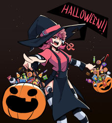 Rule 34 | 1girl, absurdres, aneurysm ax, candy, chainsaw man, cosmo (chainsaw man), dangling eye, exposed brain, food, hair ribbon, halloween, halloween bucket, hat, highres, looking at viewer, medium hair, open mouth, pelvic curtain, pink hair, ribbon, short twintails, skirt, solo, speech bubble, striped clothes, striped sleeves, striped thighhighs, suspender skirt, suspenders, thighhighs, twintails, witch hat