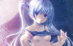 Rule 34 | 1girl, aruciii, blue eyes, blush, breasts, camisole, clothes lift, collarbone, hair ribbon, holding, light particles, long hair, medium breasts, moonlight, navel, nipples, original, revision, ribbon, shirt lift, silver hair, solo, twintails