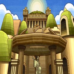 Rule 34 | castle, cloud, column, creatures (company), game cg, game freak, nintendo, no humans, official art, pillar, pointing, pointing up, pokemon, pokemon bw, pokemon masters ex, polearm, sky, spire, statue, still life, sun, sunrise, tower, trident, weapon