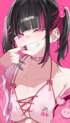 Rule 34 | 1girl, 38 (sanjuuhachi), bikini, black hair, blunt bangs, blush, breasts, choker, clenched teeth, ear piercing, hair bobbles, hair ornament, hairclip, heart, heart-shaped pupils, highres, jacket, long sleeves, looking at viewer, medium breasts, mouth pull, multicolored hair, nail polish, off shoulder, open clothes, open jacket, original, piercing, pink background, pink bikini, pink choker, pink eyes, pink hair, pink jacket, pink nails, simple background, solo, streaked hair, swimsuit, symbol-shaped pupils, teeth, twintails, upper body
