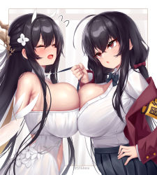 Rule 34 | 2girls, absurdres, ahoge, armband, azur lane, bespectacled, black hair, black skirt, blush, breast press, breasts, commentary request, dress, glasses, highres, horns, huge breasts, indomitable (azur lane), jacket, long sleeves, look-alike, looking at another, multiple girls, neckwear grab, off shoulder, official alternate costume, open mouth, red jacket, school uniform, shirt, skirt, symmetrical docking, taihou (azur lane), taihou (sweet time after school) (azur lane), trait connection, vanta-black, white dress, white shirt, yellow armband