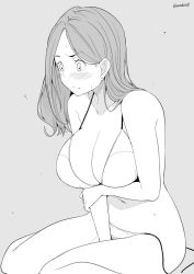 Rule 34 | 1girl, bikini, blush, breasts, cleavage, earrings, greyscale, jewelry, kichihachi, large breasts, long hair, monochrome, navel, open clothes, original, sitting, solo, swimsuit