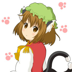 Rule 34 | 1girl, :&gt;, animal ears, brown eyes, brown hair, cat ears, cat tail, chen, dress, earrings, green hat, hat, jewelry, lowres, mitya, mob cap, multiple tails, nekomata, red dress, short hair, simple background, single earring, solo, tail, touhou, two tails, white background
