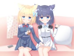 Rule 34 | 2girls, :o, animal ear fluff, animal ears, black hair, blonde hair, blue bow, blue eyes, blue shirt, blue skirt, blunt bangs, blush, bow, breasts, cat ears, cellphone, closed mouth, collared shirt, commentary request, couch, cup, disposable cup, dress shirt, drinking straw, epaulettes, fringe trim, hair bow, hair ornament, hairclip, hand up, highres, holding, holding cup, holding hands, liang feng qui ye, long sleeves, multiple girls, on couch, parted lips, phone, pillow, pleated skirt, red bow, rukiroki, sasugano roki, sasugano ruki, shirt, sitting, skirt, small breasts, smile, virtual youtuber, white shirt, white skirt