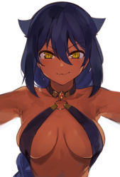 Rule 34 | 1girl, :3, armpits, backlighting, bare shoulders, black hair, braid, breasts, closed mouth, commentary request, dark-skinned female, dark skin, hair between eyes, hair flaps, halterneck, highres, jahy, jahy-sama wa kujikenai!, konbu wakame, large breasts, long hair, looking at viewer, o-ring, o-ring top, revealing clothes, simple background, single braid, slit pupils, smile, smug, solo, upper body, very long hair, white background, yellow eyes