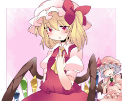 Rule 34 | 2girls, ^ ^, ascot, bad id, bad pixiv id, bat wings, blonde hair, blue hair, blush, bow, brooch, closed eyes, commentary request, closed eyes, female focus, flandre scarlet, hair bow, hammer (sunset beach), hat, jewelry, light purple hair, long hair, multiple girls, open mouth, red eyes, remilia scarlet, short hair, siblings, side ponytail, sisters, skirt, skirt set, smile, touhou, wings