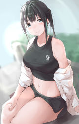 Rule 34 | 1girl, absurdres, bare shoulders, black hair, black shorts, black tank top, breasts, chinese commentary, commentary request, dolphin shorts, girls&#039; frontline, green hair, grey eyes, highres, large breasts, looking at viewer, m4a1 (girls&#039; frontline), midriff, multicolored hair, navel, off shoulder, open clothes, open shirt, painnico, ponytail, shirt, shorts, sidelocks, sitting, smile, solo, streaked hair, sweat, tank top, thighs, white shirt