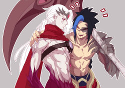 Rule 34 | 2boys, absurdres, aduan, black hair, blue hair, blush, circlet, closed eyes, gem, grey background, hand on shoulder, highres, holding, holding scythe, holding weapon, jewelry, kayn (league of legends), league of legends, long hair, multicolored hair, multiple boys, necklace, open mouth, ponytail, purple eyes, red eyes, scythe, simple background, smile, tattoo, varus, weapon, white hair