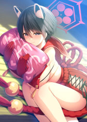Rule 34 | 1girl, absurdres, animal ear fluff, animal ears, black hair, blue archive, blue eyes, blurry, blush, breast curtain, breasts, closed mouth, commentary, cross-laced clothes, depth of field, dog ears, feet out of frame, gloves, hair between eyes, halo, heart, heart-shaped pupils, highres, large breasts, legs together, looking at viewer, lying, noukatu, hugging object, on side, pillow, pillow hug, pleated skirt, red gloves, red skirt, revealing clothes, rope, sailor collar, short hair, side slit, sideboob, skirt, smile, solo, sunlight, symbol-shaped pupils, tassel, thighs, tsubaki (blue archive), yes-no pillow
