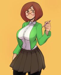 Rule 34 | 1girl, arm up, atomicjosuke, black skirt, bob cut, breasts, brown eyes, brown hair, buttons, cardigan, collared shirt, glasses, green cardigan, hand up, highres, holding, holding stylus, large breasts, long sleeves, nikki (swapnote), nintendo, pantyhose, parted bangs, red-framed eyewear, shirt, short hair, simple background, skirt, smile, solo, standing, stylus, swapnote, white shirt