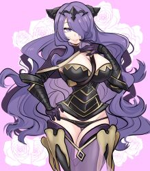 1girl absurdres armor black_armor black_horns black_panties breasts camilla_(fire_emblem) capelet cleavage closed_mouth commentary english_commentary fake_horns fire_emblem fire_emblem_fates gauntlets hair_ornament hair_over_one_eye hand_on_own_hip highres horns large_breasts lips long_hair looking_at_viewer missandydandy nintendo one_eye_covered panties pelvic_curtain pink_lips purple_capelet purple_eyes purple_hair see-through_clothes see-through_pelvic_curtain smile solo swept_bangs underwear very_long_hair wavy_hair