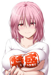 Rule 34 | 1girl, absurdres, arms under breasts, blush, breasts, collarbone, commentary request, highres, large breasts, long hair, looking at viewer, nori tamago, pink hair, red eyes, saigyouji yuyuko, shirt, short sleeves, simple background, smile, solo, touhou, upper body, white background, white shirt