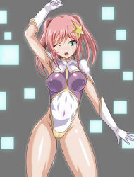 Rule 34 | 1girl, arm up, breasts, commentary request, cosplay, covered navel, cowboy shot, gloves, green eyes, gundam breaker mobile, hair ornament, heigani (rovesuke), highleg, highleg leotard, highres, leotard, long hair, looking at viewer, medium breasts, meer campbell, meer campbell (cosplay), miyama sana, multicolored leotard, pink hair, solo, star (symbol), star hair ornament, two side up, white gloves