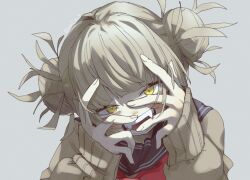 Rule 34 | 1girl, absurdres, bags under eyes, blonde hair, blue sailor collar, blush, boku no hero academia, double bun, fang, fangs, grey background, hair between eyes, hair bun, hand on own face, highres, long sleeves, looking at viewer, messy hair, sailor collar, simple background, slit pupils, smile, solo, toga himiko, twitter username, umi painter, yellow eyes