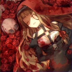 Rule 34 | 1girl, blood, blood on clothes, blood splatter, blunt bangs, choker, closed eyes, corset, flower, gothic lolita, hair ribbon, lolita fashion, long sleeves, lying, on back, open mouth, parted lips, petals, red flower, red riding hood (sinoalice), red rose, ribbon, rose, sidelocks, sinoalice, sketch, skull, sleeping, smile, solo, teeth, teroru, veil