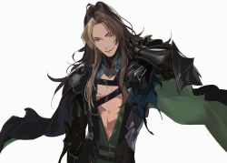 1boy arm_at_side armor beard_stubble black_cape braid brown_hair cape center_opening facial_hair goldbullet goldbullet_(2nd_costume) half-closed_eyes hand_on_own_neck hand_up highres holostars holostars_english long_hair long_sleeves looking_at_viewer male_focus multicolored_hair open_mouth pako_(pakosun) pectoral_cleavage pectorals shoulder_armor side_braid sidelocks simple_background single_braid smile solo stubble toned two-sided_cape two-sided_fabric upper_body virtual_youtuber white_background yellow_eyes