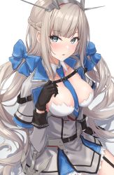 Rule 34 | 1girl, between breasts, black gloves, blue bow, blue capelet, blue necktie, bow, breasts, capelet, dress, garter straps, gloves, grey capelet, grey dress, grey hair, hair bow, headgear, highres, kantai collection, large breasts, long hair, low twintails, maryland (kancolle), monoku, multicolored capelet, necktie, necktie between breasts, pleated dress, solo, twintails