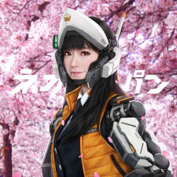 Rule 34 | 1girl, asian, black hair, black necktie, brown eyes, cherry blossoms, collared shirt, commentary, english commentary, helmet, highres, johnson ting, looking at viewer, mechanical arms, milky overdrive, mole, mole under eye, necktie, neo japan 2202, orange vest, prosthesis, prosthetic arm, realistic, science fiction, shirt, smile, solo, tree, upper body, vest, white shirt