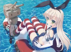 Rule 34 | 10s, 1girl, absurdres, afloat, anchor, bare shoulders, black panties, blonde hair, blush, elbow gloves, flat chest, gloves, green eyes, hair ornament, highleg, highleg panties, highres, image sample, innertube, kantai collection, long hair, looking at viewer, looking back, nanao naru, navel, panties, personification, rensouhou-chan, sailor collar, scan, shimakaze (kancolle), skirt, solo, striped clothes, striped thighhighs, swim ring, thighhighs, underwear, water, white gloves